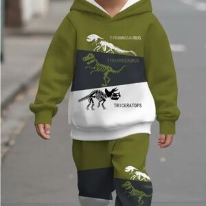Kids Dinosaur Hoodie and Pants Set - Green and White